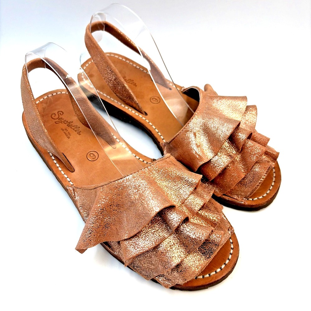 Seychelles Rose Gold Frill Metallic Leather Sandals Summer Slip On Flats Size 9 - Picture 10 of 14